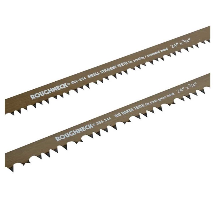 Close-up of Roughneck garden bowsaw blades with different teeth designs for pruning.