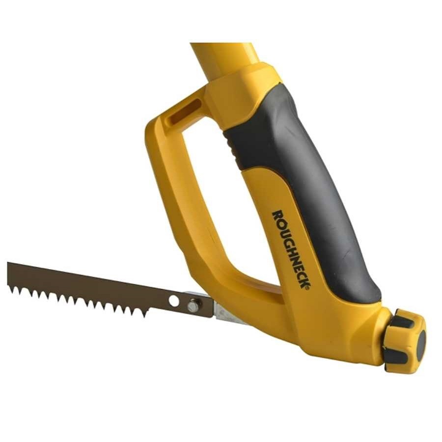 Close-up of a Roughneck 610mm Garden Bowsaw with a yellow and black handle and sharp blade.