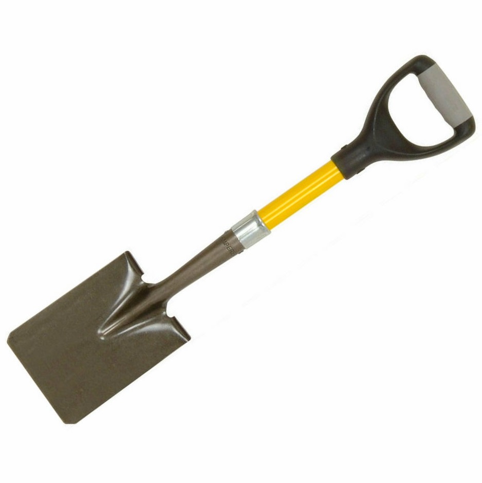 Micro square head shovel with a short handle, featuring a yellow shaft and black grip.