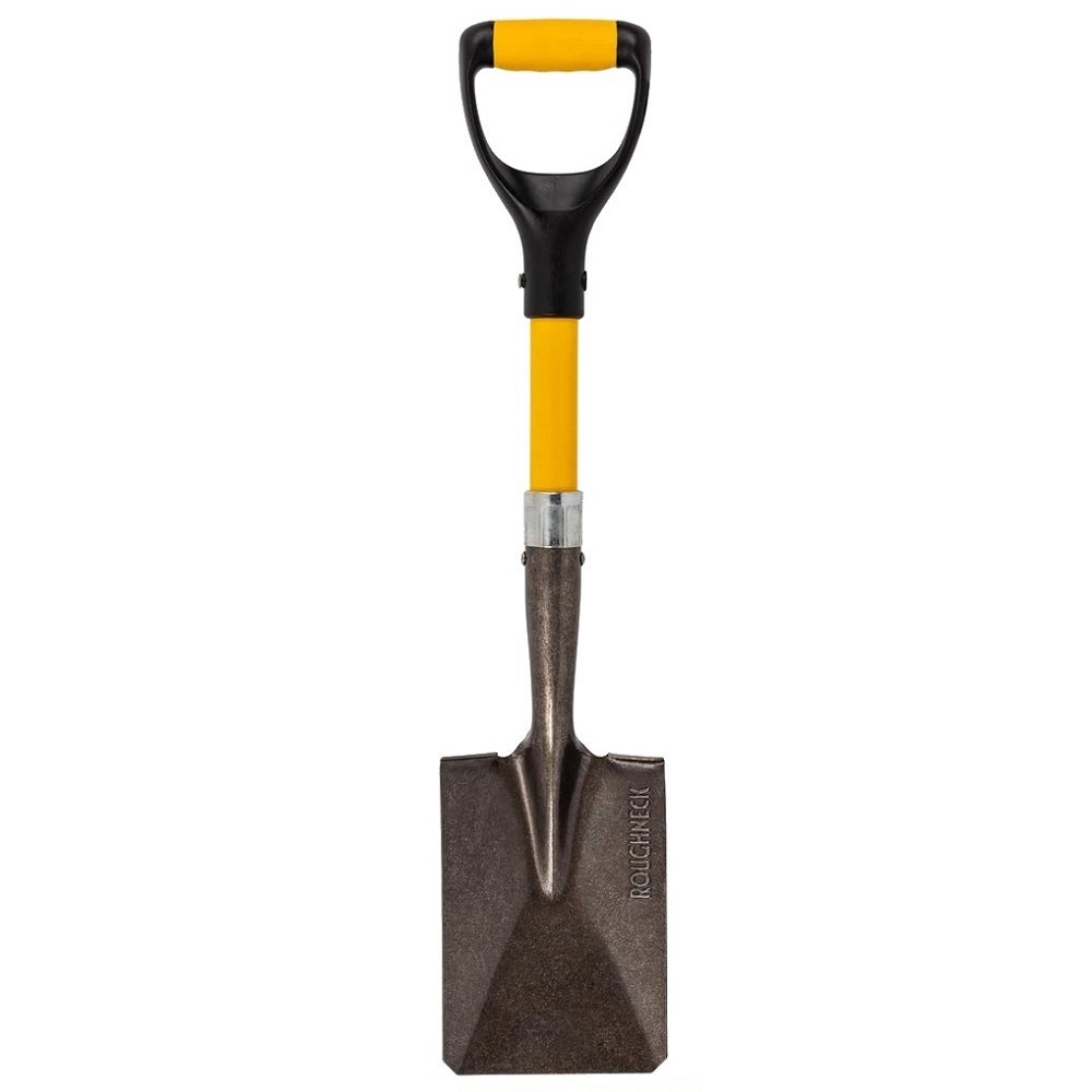 a Roughneck micro square head shovel with a short handle, suitable for compact spaces.