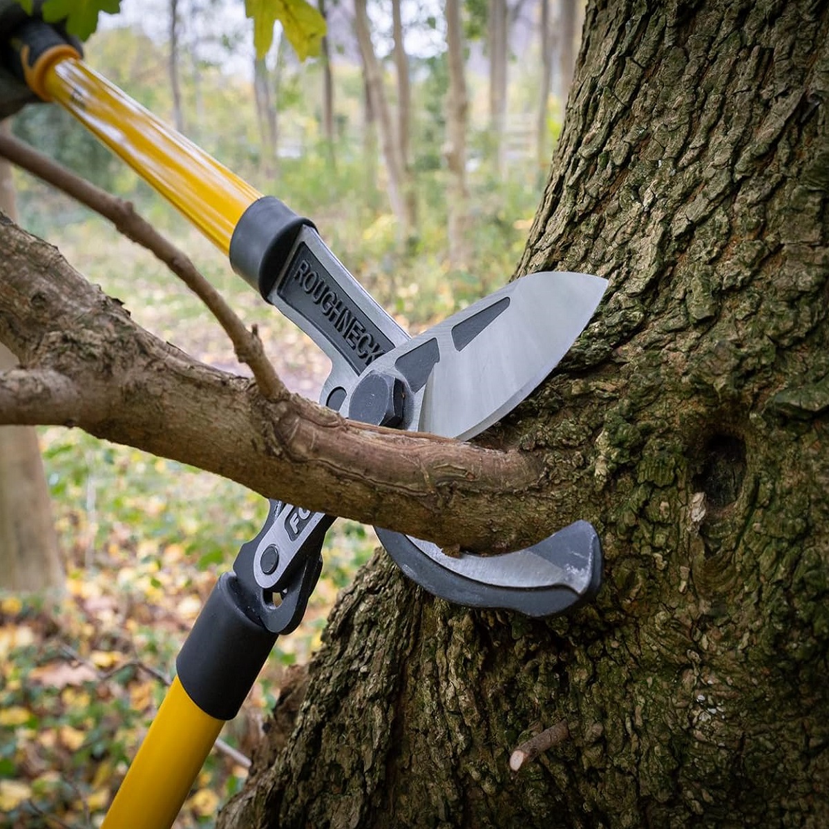 Roughneck XT PRO garden bypass lopping shears cutting a tree branch