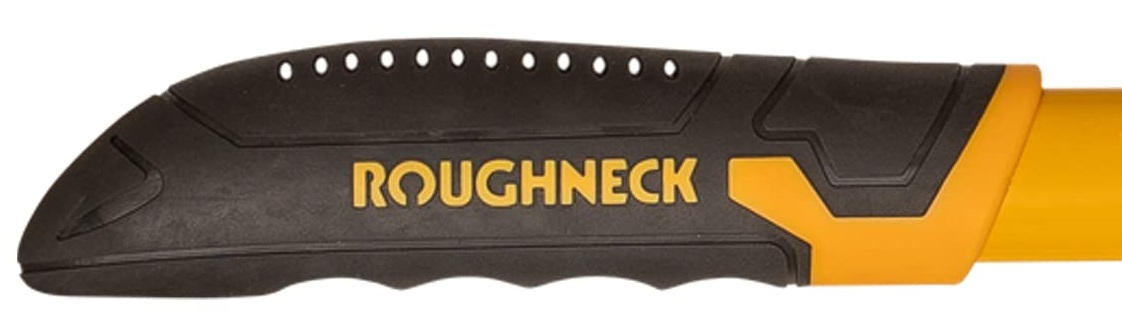 Close-up of the handle of Roughneck XT PRO Heavy Duty Wavy Blade Hedge and Grass Shears, showing the brand name in yellow on a black background.