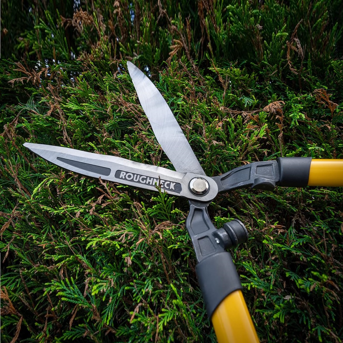 Roughneck XT PRO Heavy Duty Wavy Blade Shears cutting through green hedge