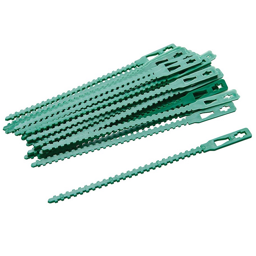 A pile of green adjustable plant ties with a single tie laid out separately.