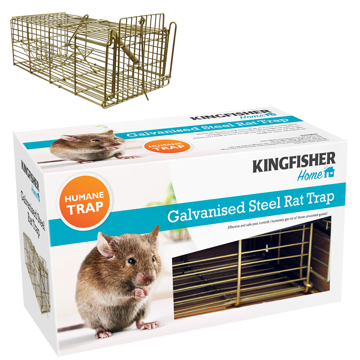 Kingfisher Garden Pro humane rat trap cage and its packaging.