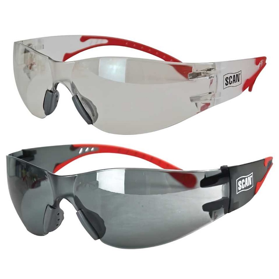 Pair of Scan Flexi Twin Pack Safety Glasses with clear and smoked lenses for eye protection.