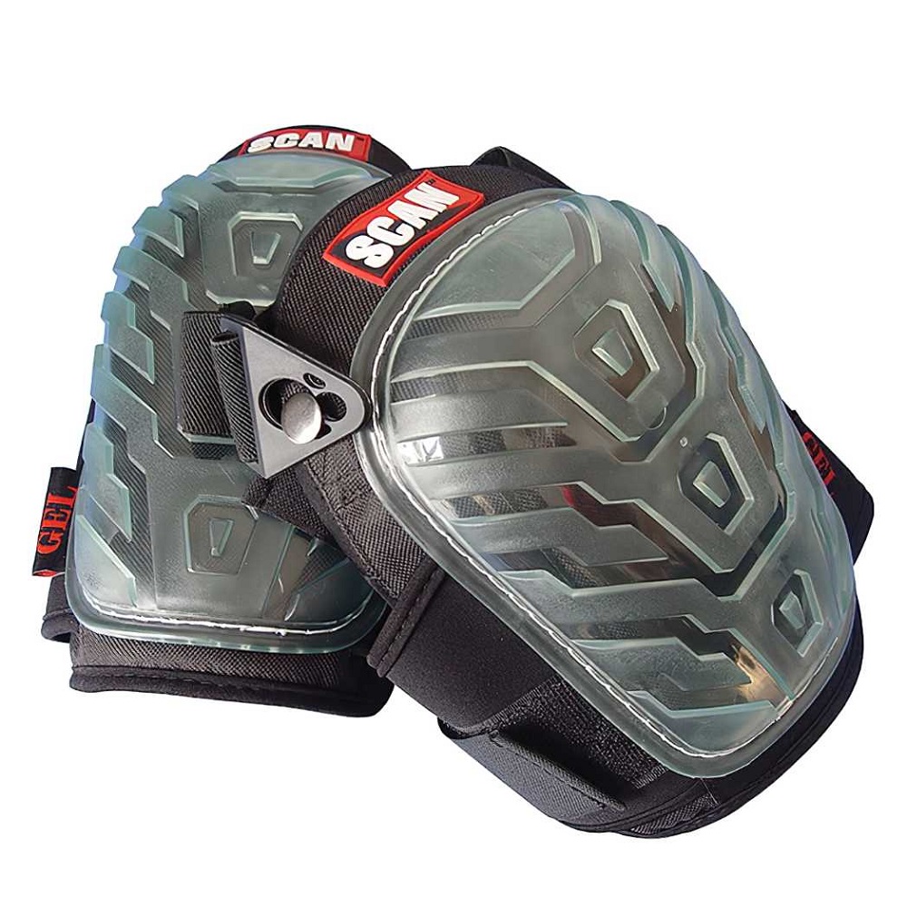 Pair of Scan Professional Gel Knee Pad Protectors with clear gel padding and black straps.