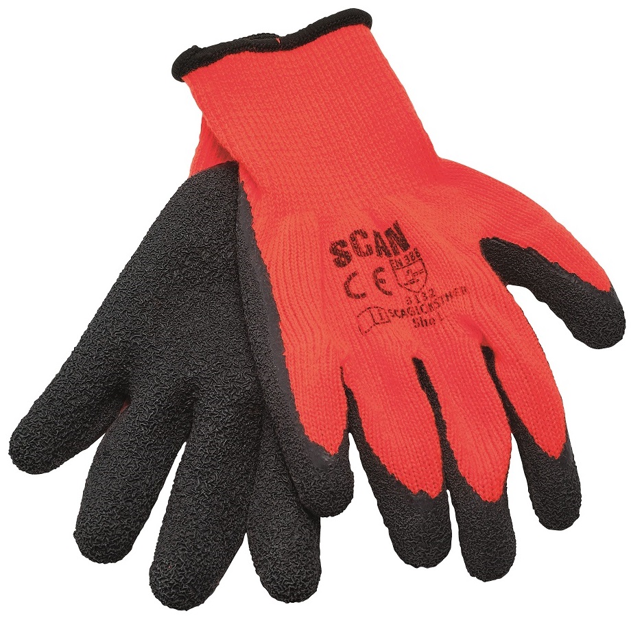 Pair of red and black Scan Hi-Vis Latex Thermal Work Gloves with grip.