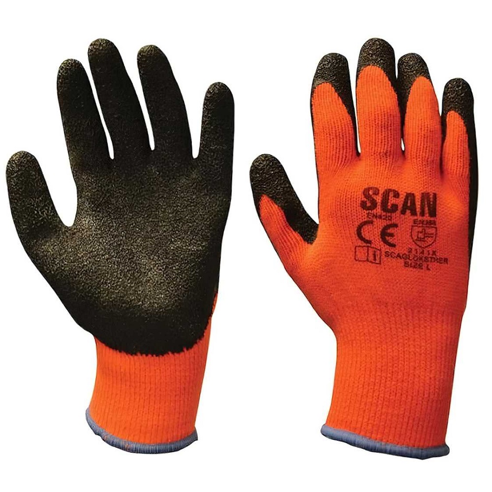 Pair of orange and black thermal work gloves with latex coating for cold conditions.