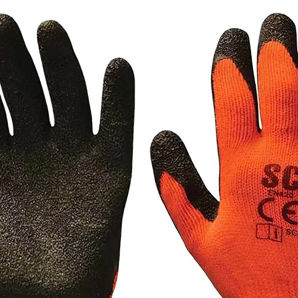 Pair of orange and black Hi-Vis latex thermal work gloves with textured grip on palms.