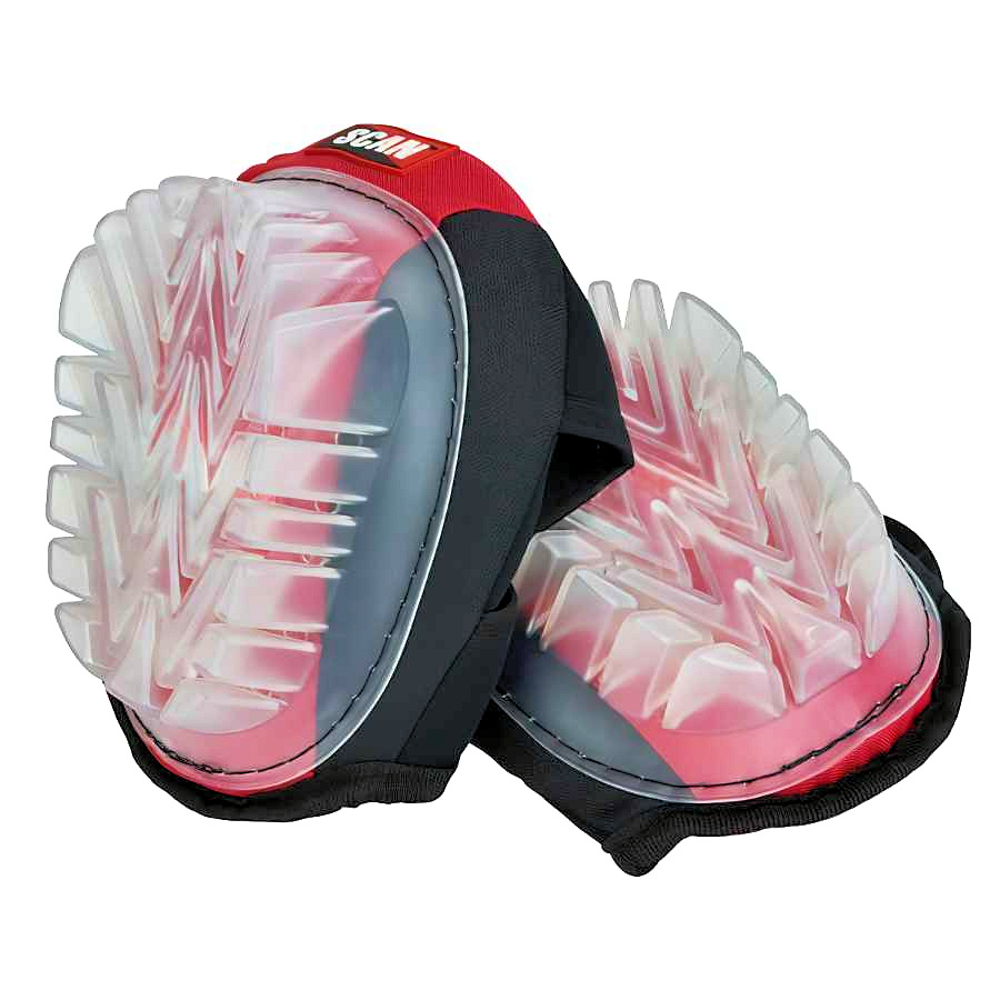 Pair of Scan Scappekpcap Gel Knee Pads with red and black design featuring clear textured caps.