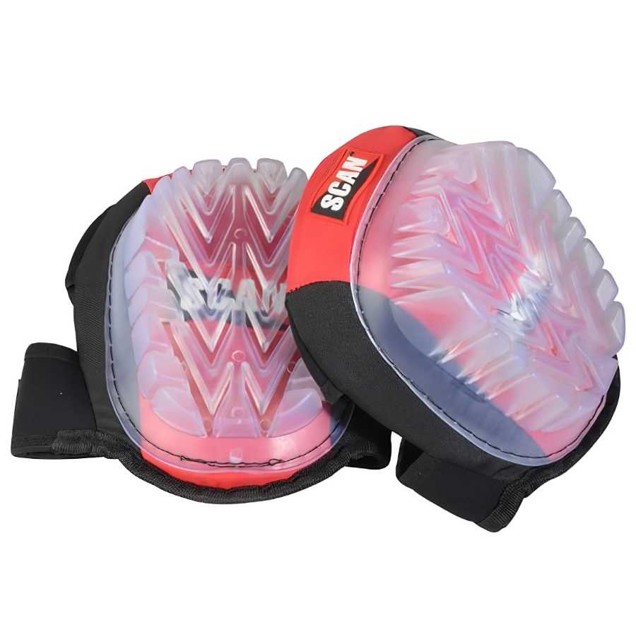 Pair of Scan Scappekpcap Gel Knee Pads with red and black design featuring clear protective gel caps.