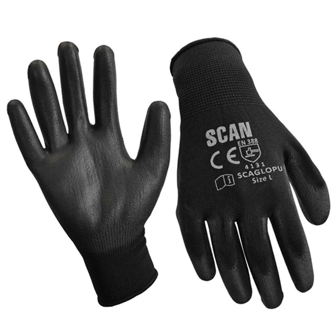 Black Scan PU Poly Palm Work Gloves with CE markings, showing front and back views.
