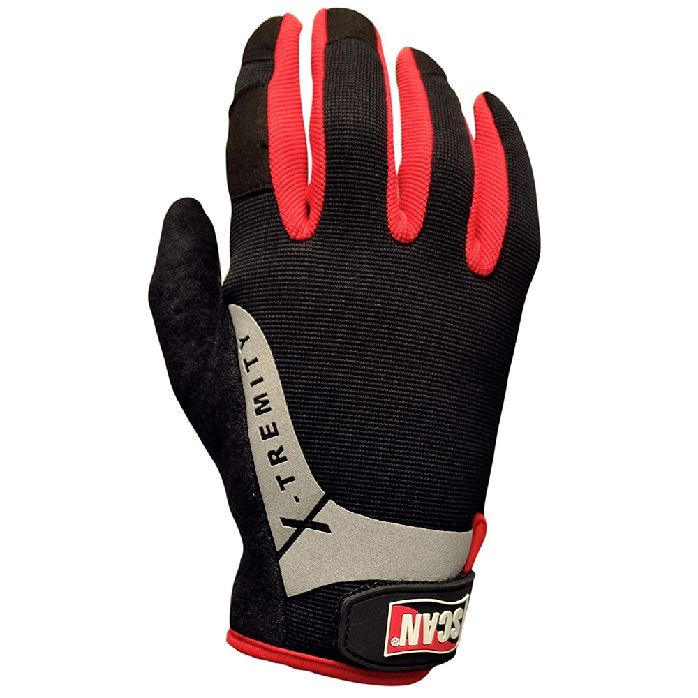 Black and red Scan Grip work glove with flexible design for hand protection.