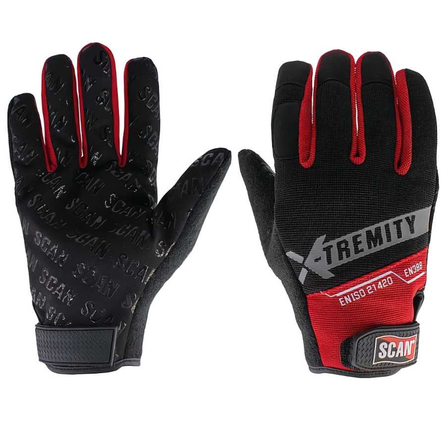 Pair of Scan Grip extra large work gloves with red and black design, showing palm and back view.