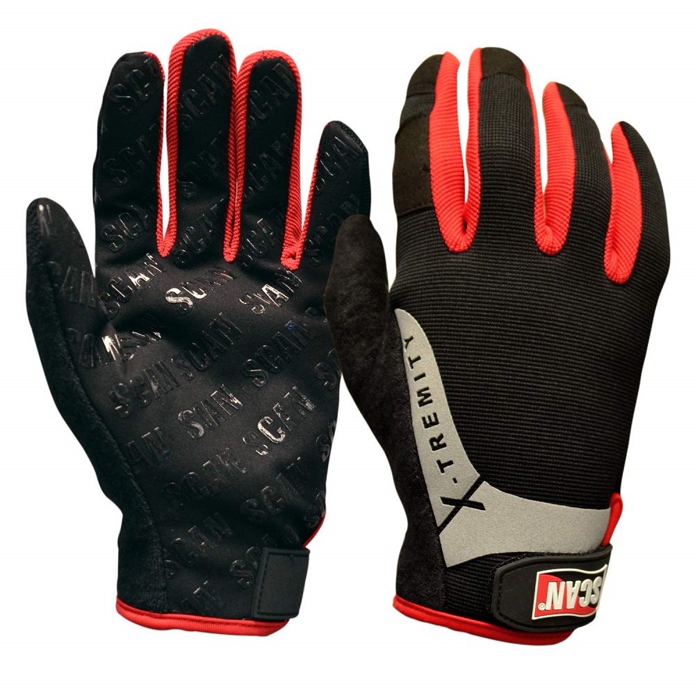 Pair of Scan Grip extra large work gloves with black and red design, featuring textured palms and adjustable wrist straps.