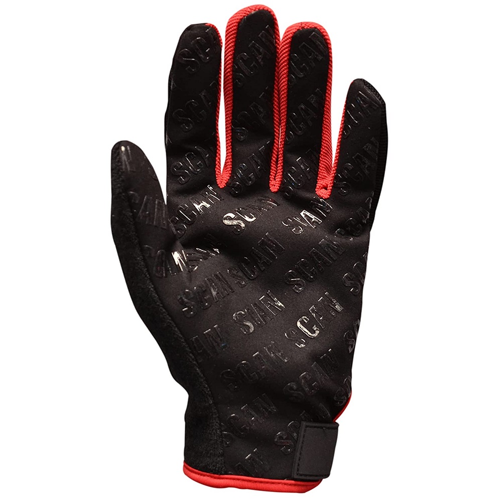 Black work glove with red trim and SCAN branding on the surface.