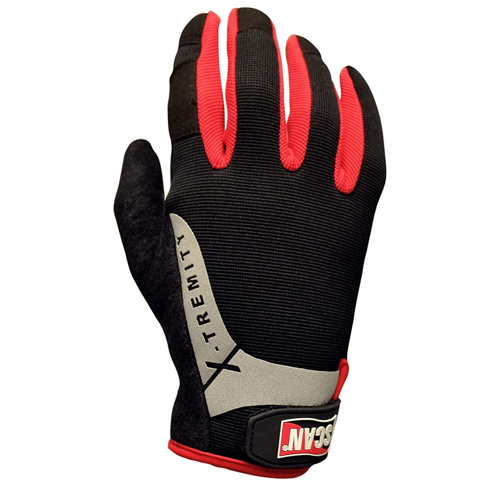 Black and red work glove with grey accents, labelled X.Tremity, featuring a Scan Grip logo on the wrist.