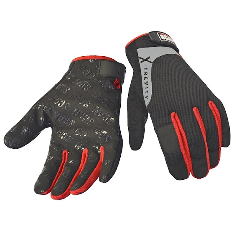 Pair of black and red work gloves with textured palm and adjustable strap.