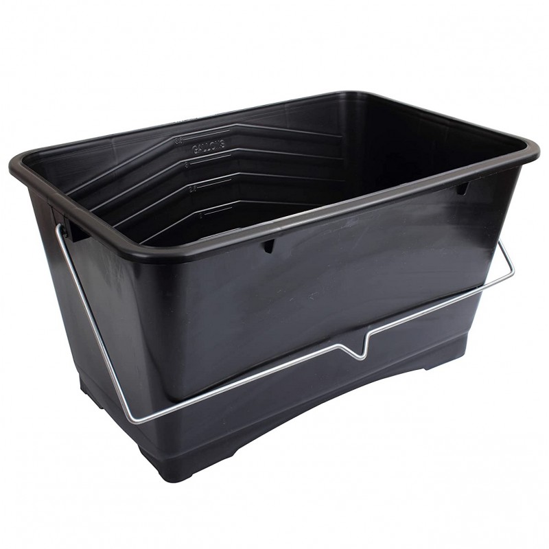 Black plastic paint tray with metal handle for roller application