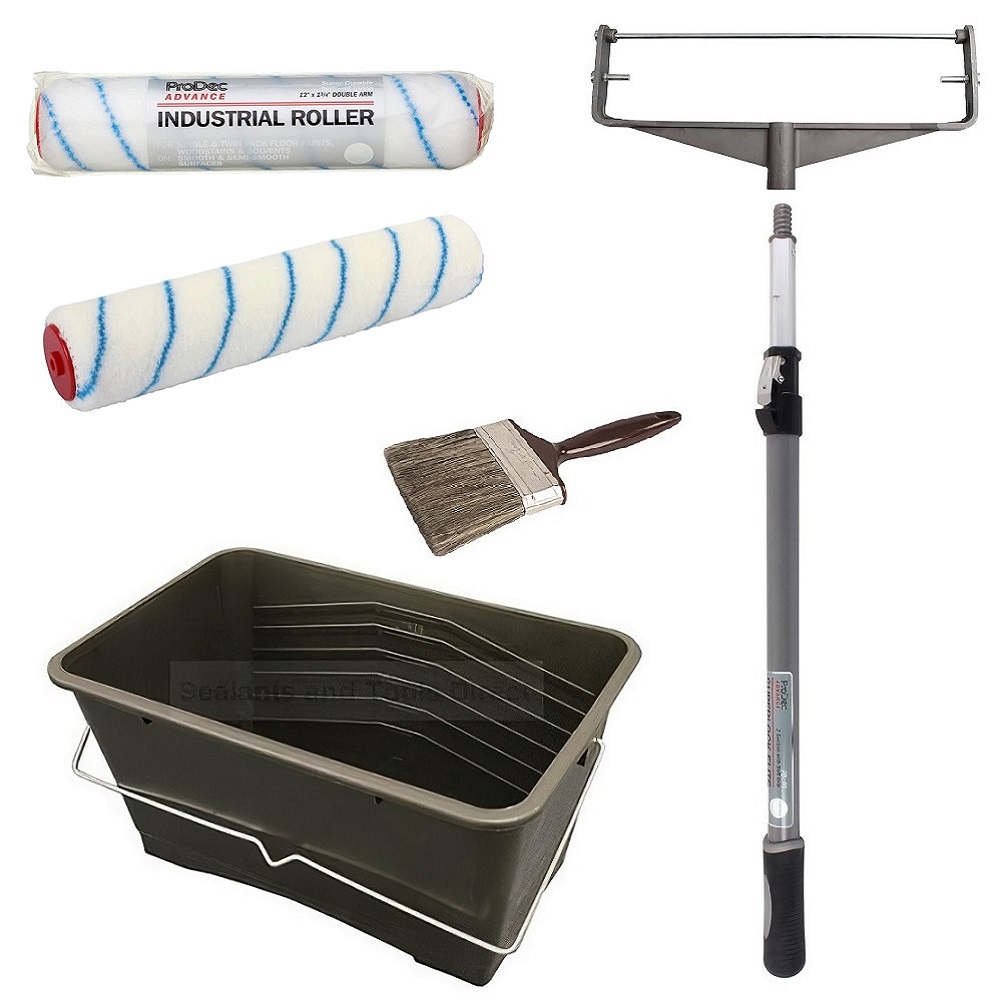 Patio sealer and floor paint application kit with roller, brush, tray, and extendable handle.