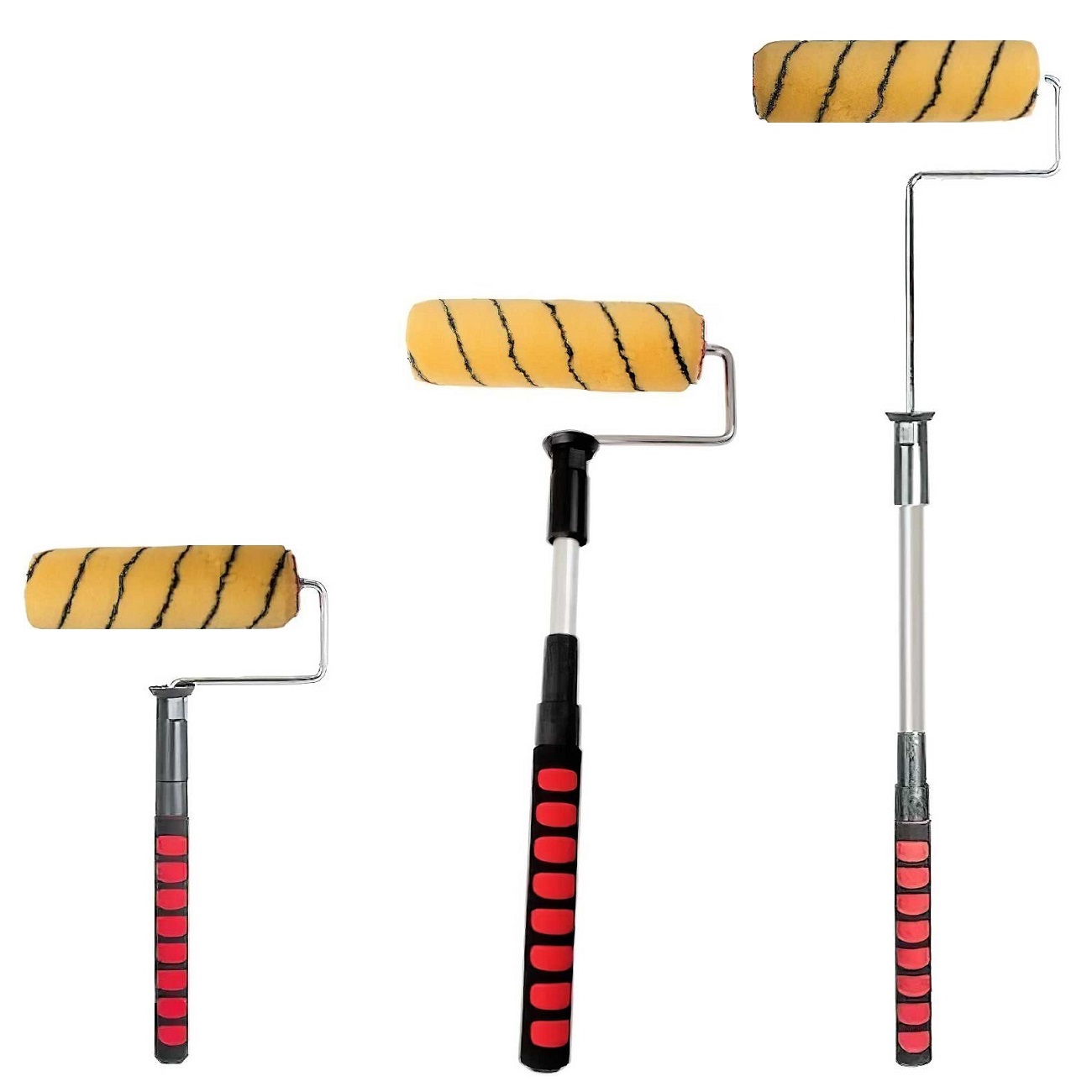 Three paint rollers with extendable handles for applying patio sealer and floor paint.
