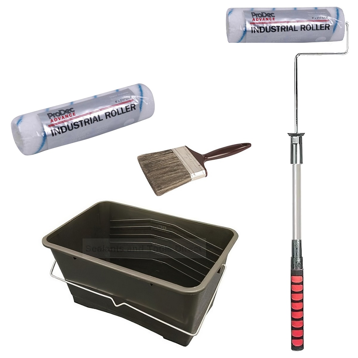 Application kit including a paint roller, brush, and tray for patio sealer and floor paint.