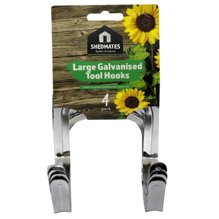 Shedmates large galvanised garden tool hooks in packaging with sunflowers.