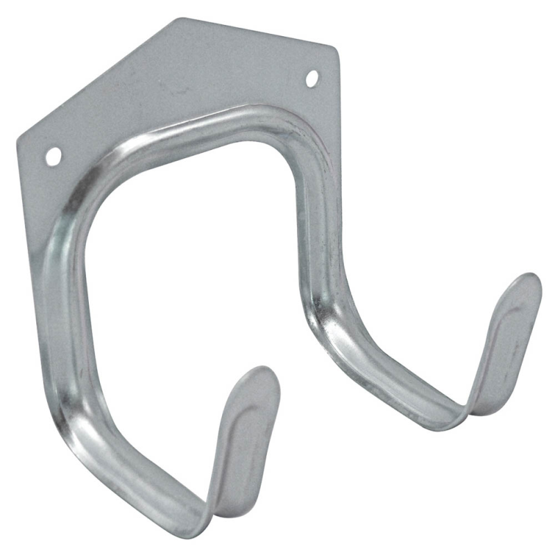 Galvanised garden tool wall storage hook with two prongs and mounting holes.