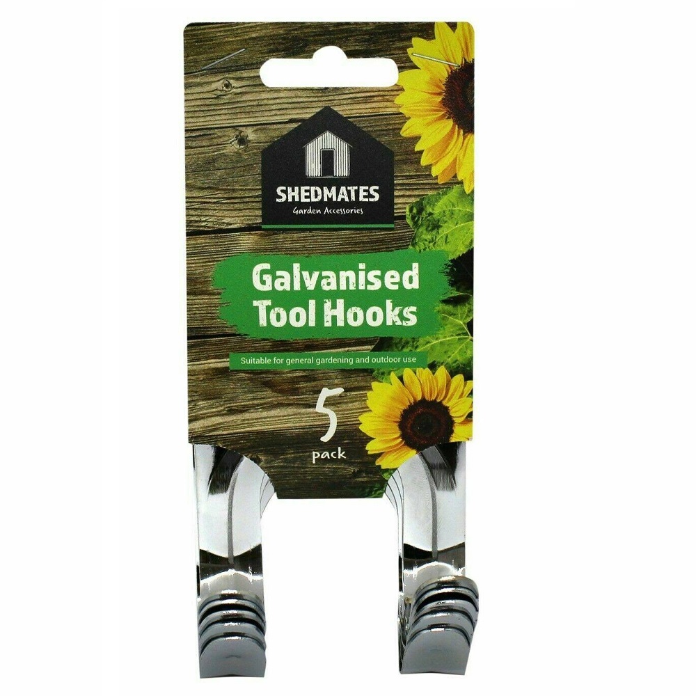 Pack of five Shedmates galvanised garden tool wall storage hooks with sunflower design packaging.