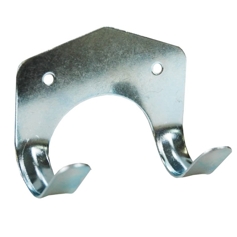 Galvanised metal garden tool wall storage hook with two mounting holes.