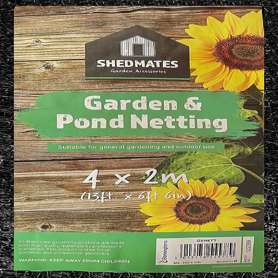 Packaging of Shedmates Garden and Pond Netting with sunflower design, suitable for gardening and outdoor use, size 4m x 2m.