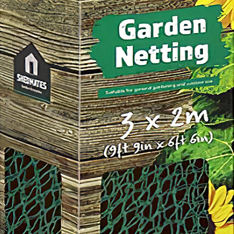 Close-up of Shedmates Garden Plant Netting packaging showing dimensions 3m x 2m.