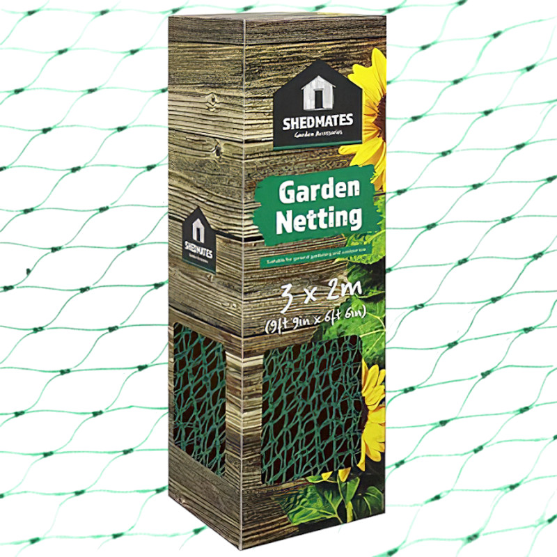 Shedmates Garden Plant Netting in packaging showing 3m x 2m size with green netting design.