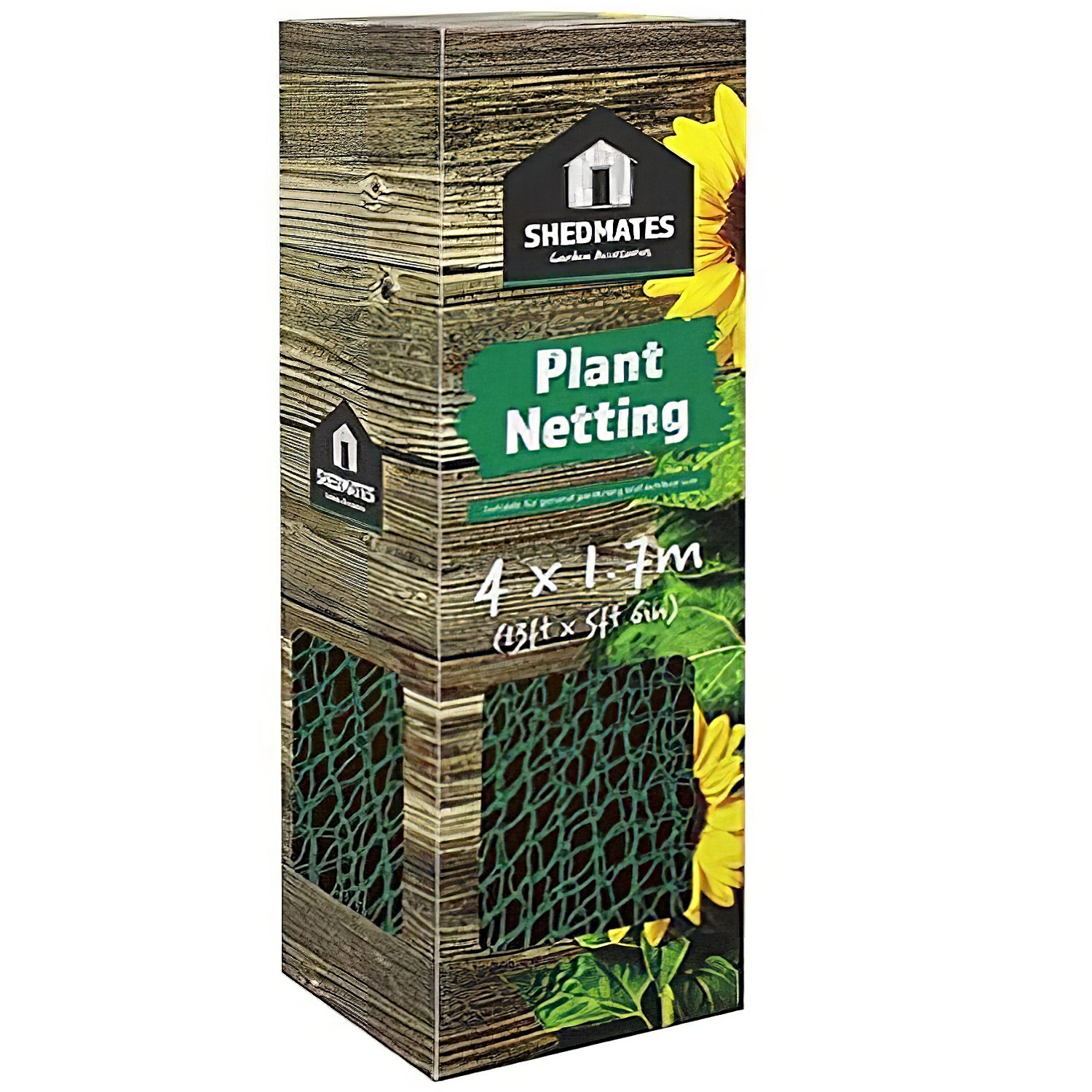 Packaging of Shedmates Garden Plant Pea Bean Netting with sunflower design, size 4m x 1.7m
