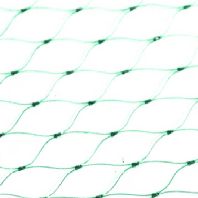 Close-up view of green garden plant netting with diamond-shaped mesh pattern.