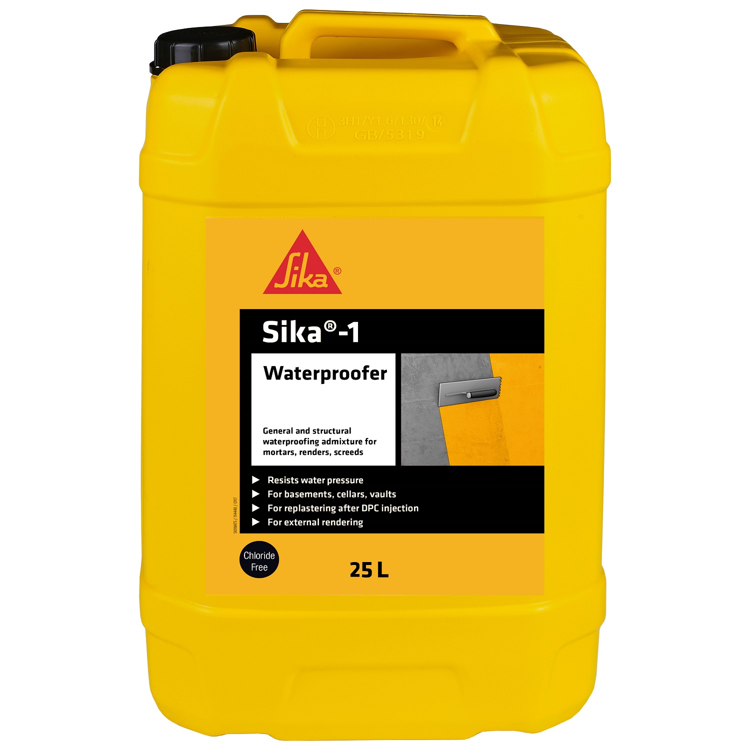 Yellow 25L container of Sika 1 Waterproofer Admixture for cement and mortar.