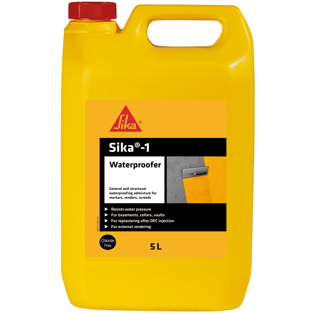Yellow 5-litre container of Sika 1 Waterproofer Admixture for cement and mortar.