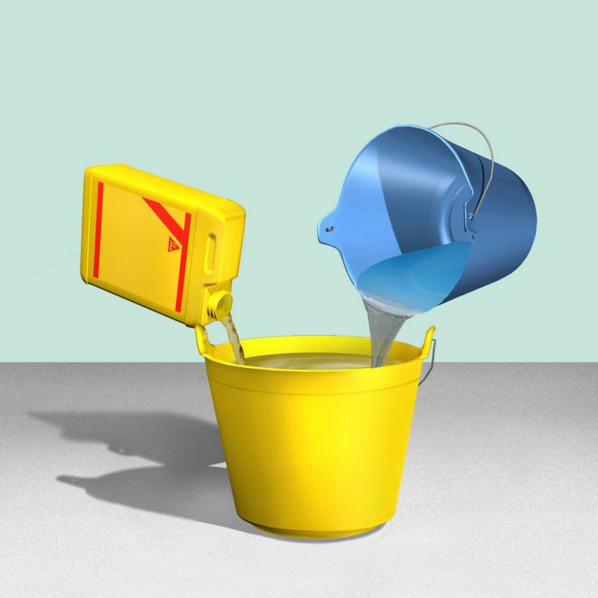 Illustration of a yellow container and a blue bucket pouring liquid into a larger yellow bucket.