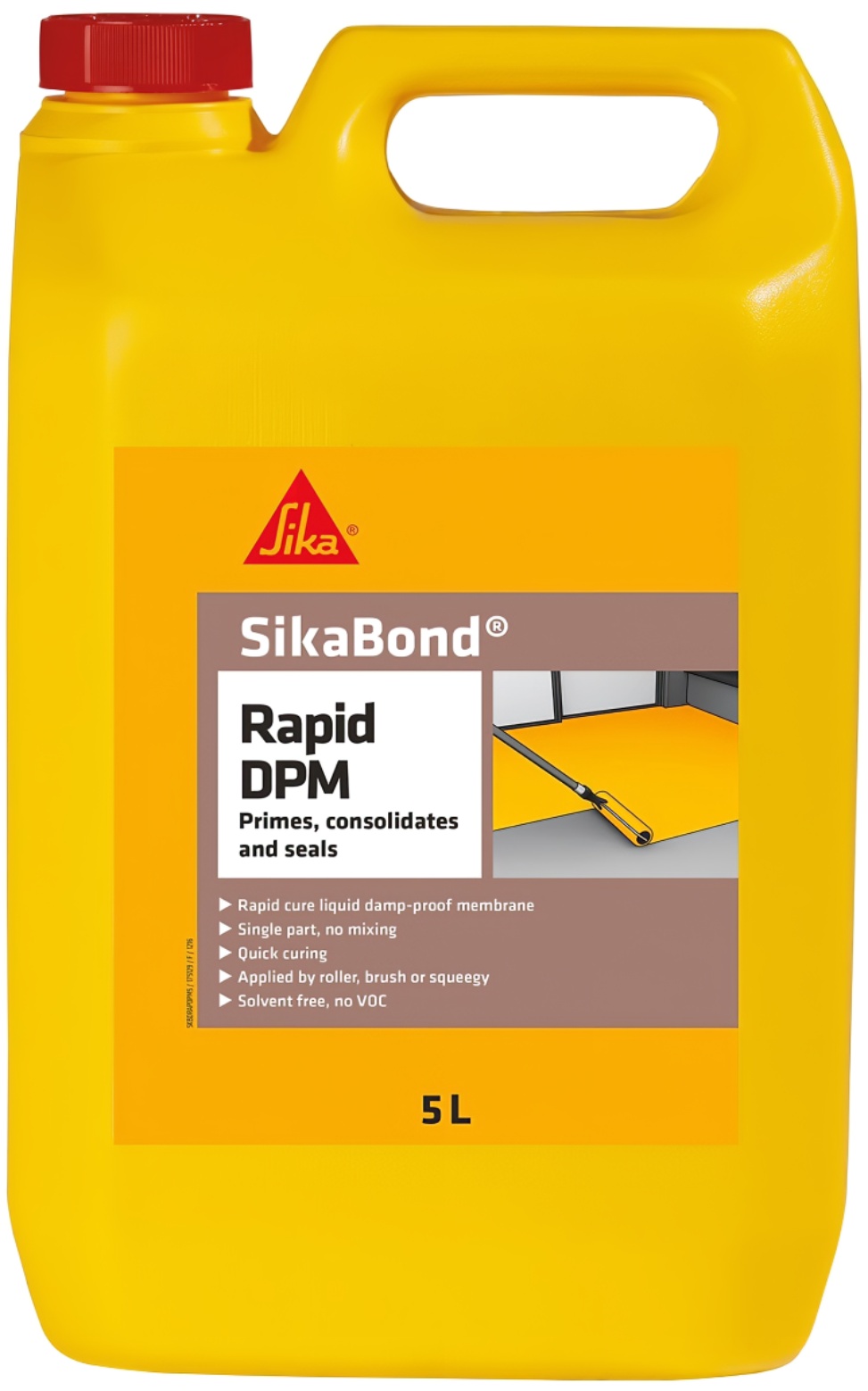 Yellow container of Sika Resin Rapid Damp Proofing Primer 5L with label showing application by roller.