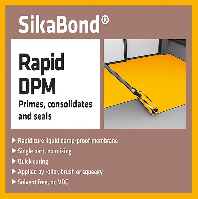 SikaBond Rapid DPM product label with features listed and a roller applying the primer.