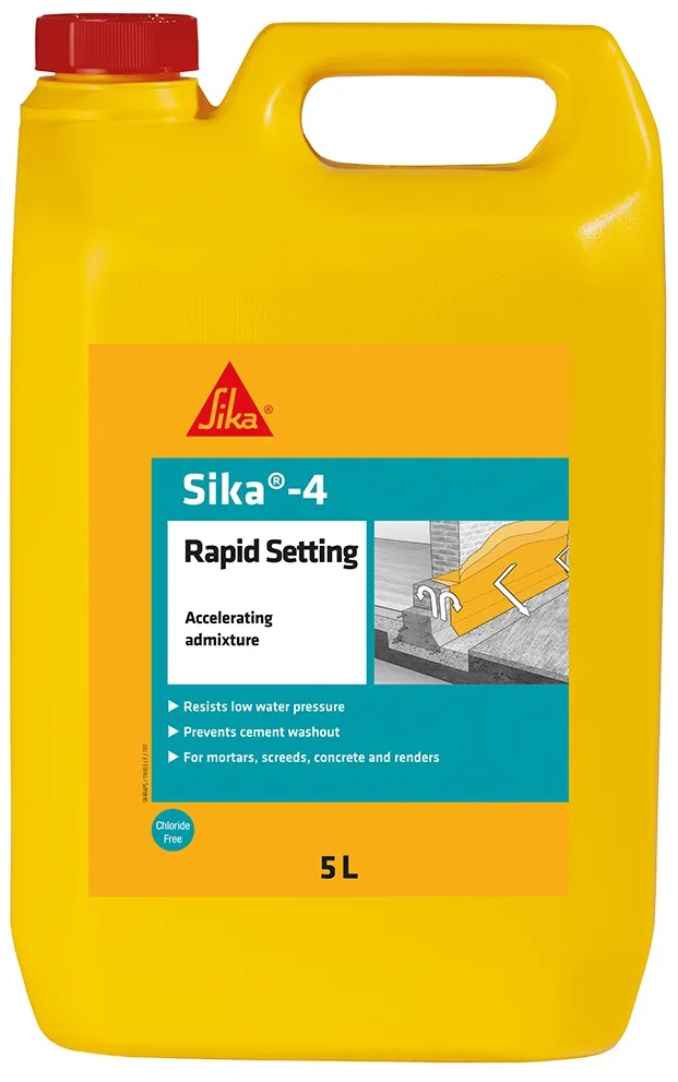 Yellow 5L container of Sika 4 Rapid Setting Cement Render Mortar Accelerator with label showing product details.