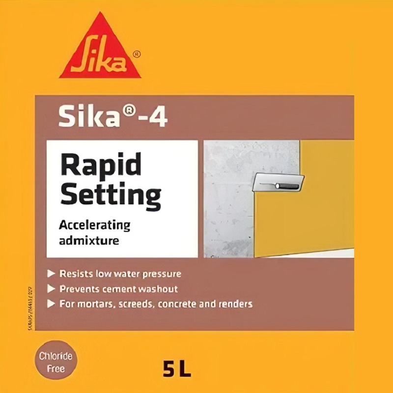 Sika 4 Rapid Setting Cement Render Mortar Accelerator 5L packaging, highlighting its features such as resisting low water pressure and preventing cement washout.