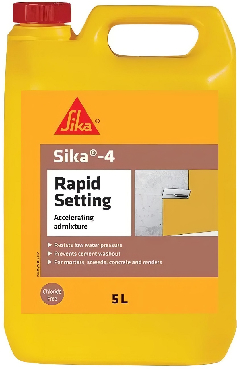 Yellow 5L container of Sika 4 Rapid Setting Cement Render Mortar Accelerator with red cap and product label.