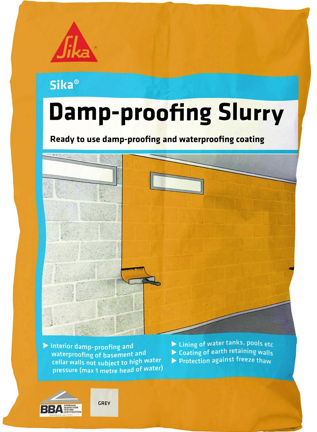 Bag of Sika Damp-proofing Slurry for waterproofing floors with product details and usage instructions.