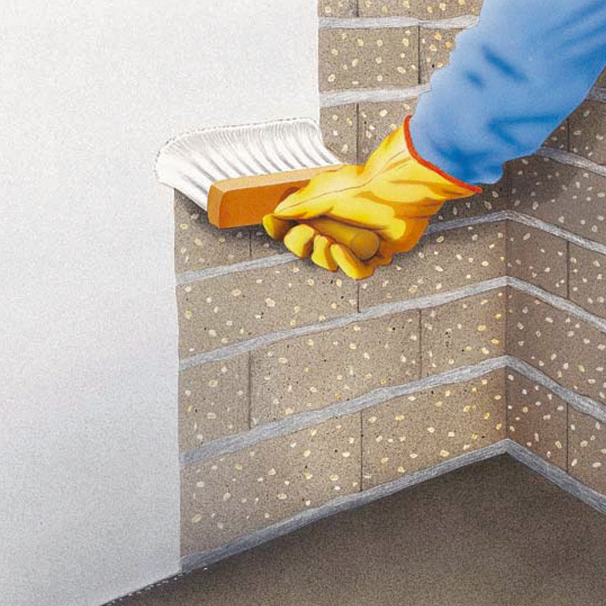 Application of damp proof slurry on a brick wall with a brush.