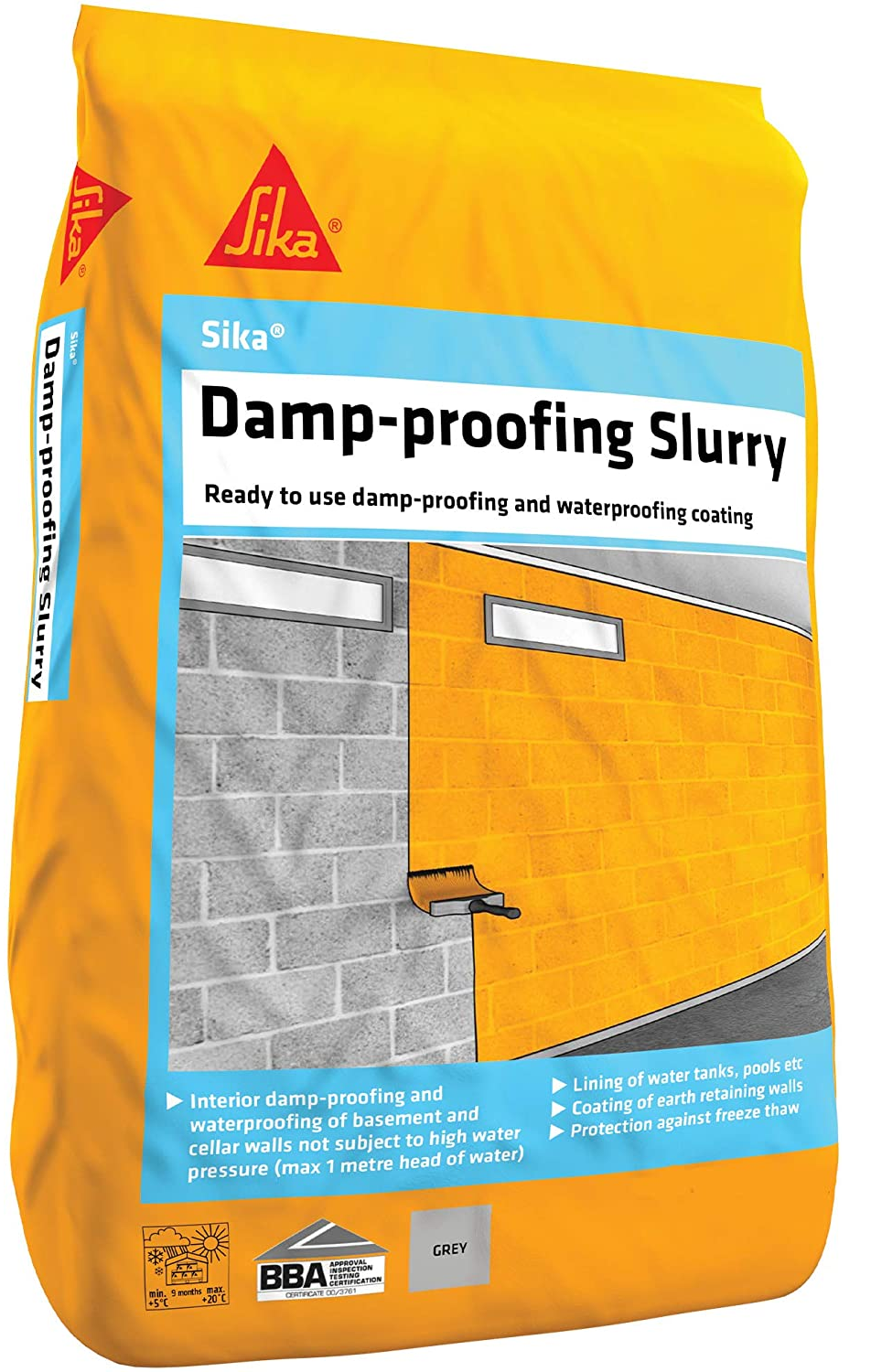 Bag of Sika Damp Proof Slurry for Water-Resistant Floors, showing product details and usage instructions.