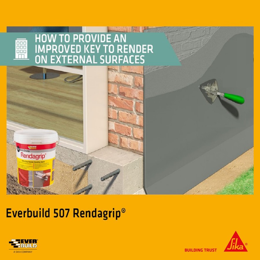 Everbuild 507 Rendagrip Extra-Grip Render Bonding Coating 10L container next to a wall being prepared for rendering.