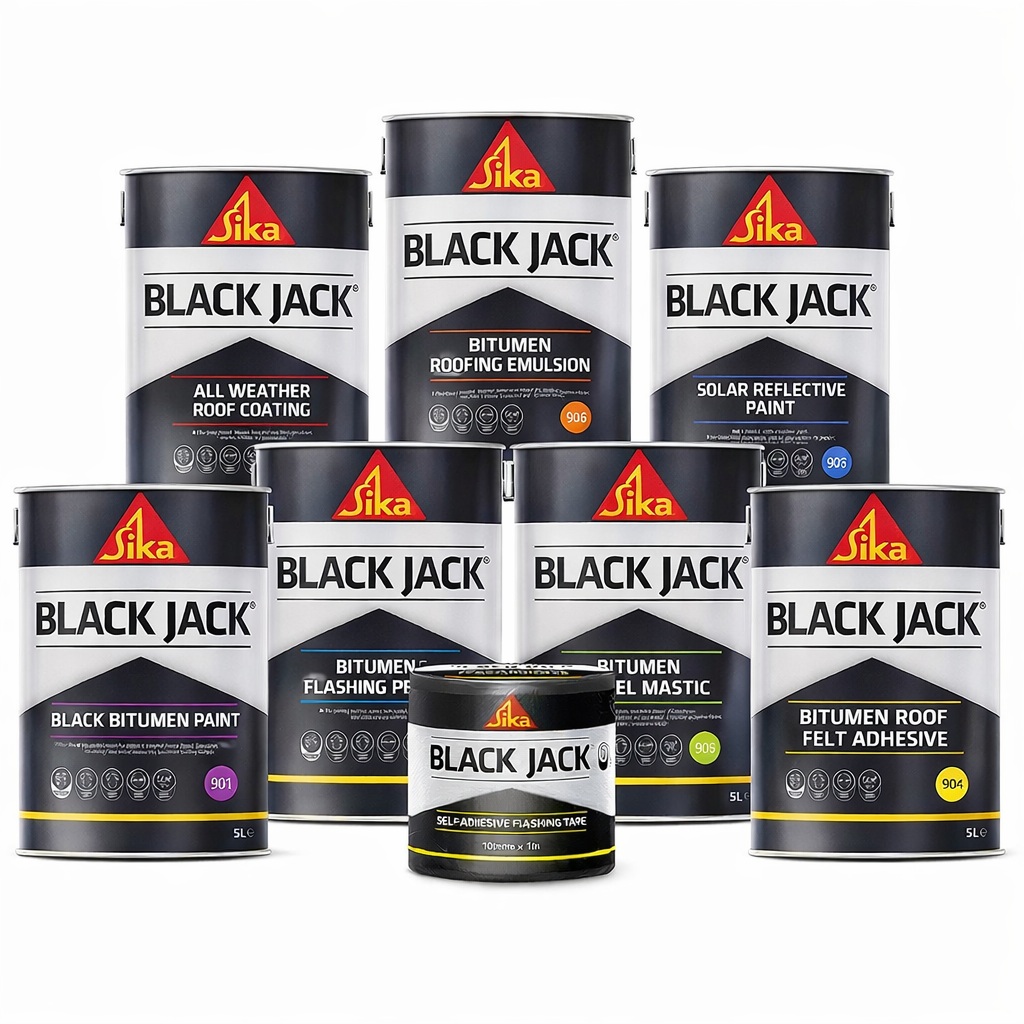 Collection of Sika Black Jack products including bitumen paint, roof coating, and flashing tape.