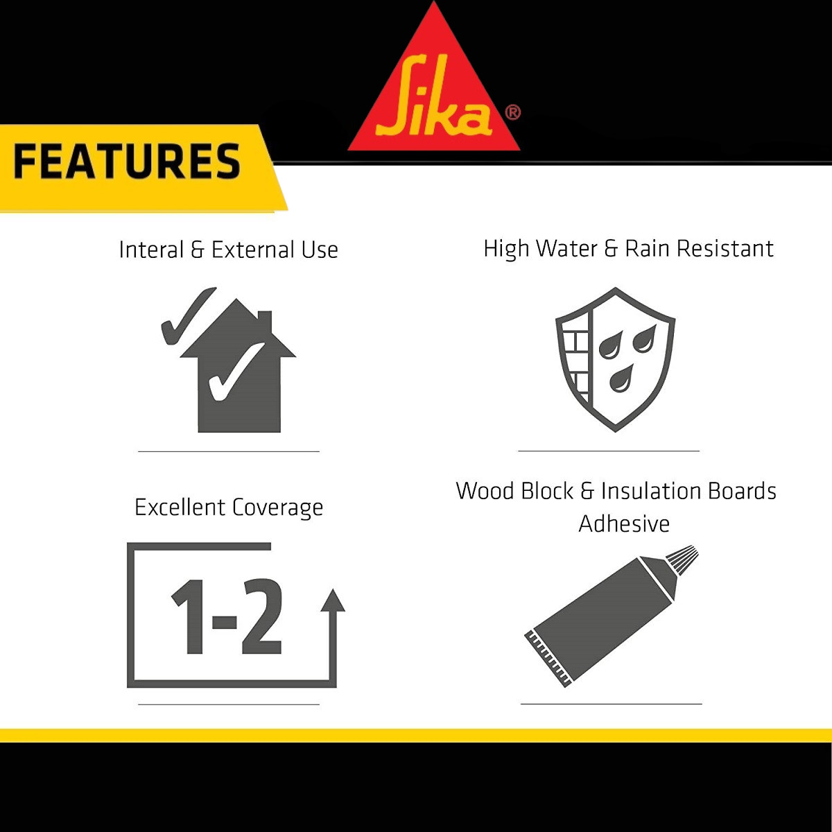 Features of Sika Damp Proof Liquid Membrane including internal and external use, high water resistance, excellent coverage, and adhesive for wood block and insulation boards.